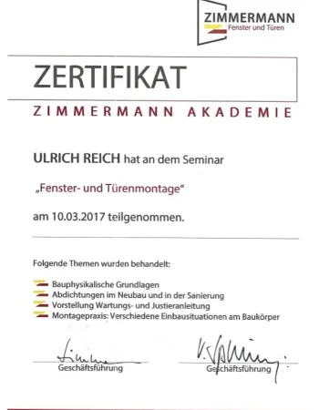 Bild: Zertifikat Fenster & Türenmontage 07/2017 (Zertifikat Fenster & Türenmontage 07/2017) 