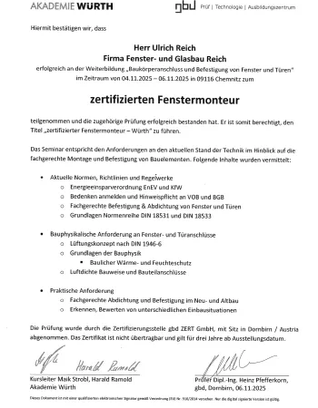 Bild: Zertifikat Fenstermonteur 11/25 (AKADEMIE WURTH - Zertifikat Fenstermonteur 11/25) 